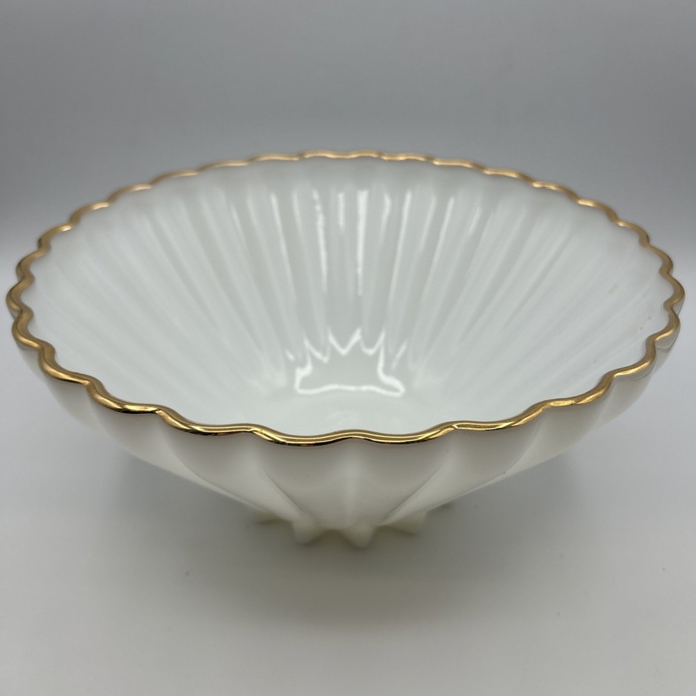 Vtg Fire-King Milk Glass Rachael Bowl 11" Scalloped Gold Rim MCM Serving 1950s